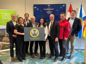 Left to right: Dartmouth-Cole Harbour MP Darren Fisher, CIB managing director of investments Hillary Thatcher, Nova Scotia Energy Minister Trevor Boudreau, Glooscap First Nation Chief Sidney Peters, WMA president Crystal Nicholas, New Brunswick Energy Minister René Legacy, Pabineau First Nation Chief Terry Richardson and Nova Scotia Power CEO Peter Gregg. (Galen McRae/CBC)